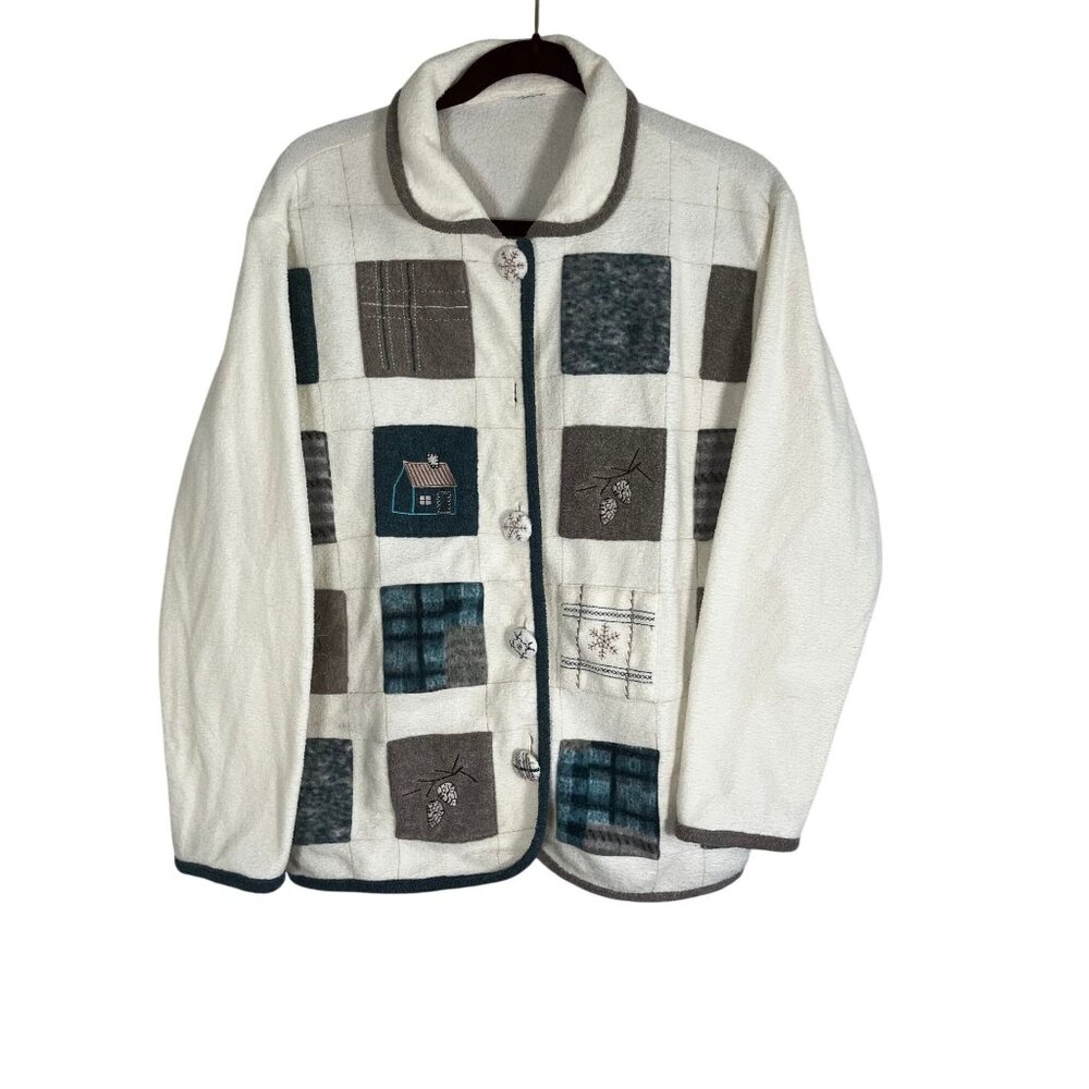 Neutral Plaid Fleece Sweater Cardigan M Festive Holiday Patchwork Earthy Boho 80